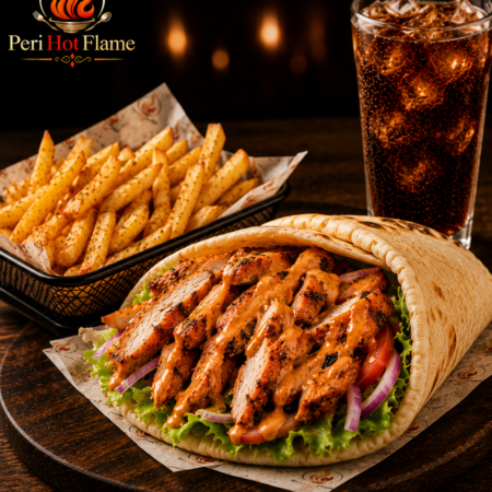 Peri Peri Chicken Breast Pitta with Crispy Fries & Refreshing Drink