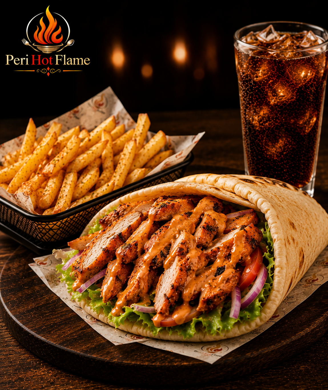 Peri Peri Chicken Breast Pitta with Crispy Fries & Refreshing Drink