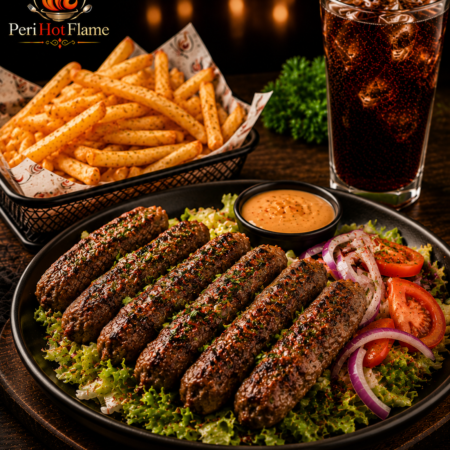 Peri Lamb Kofta with Crispy Fries & Refreshing Drink