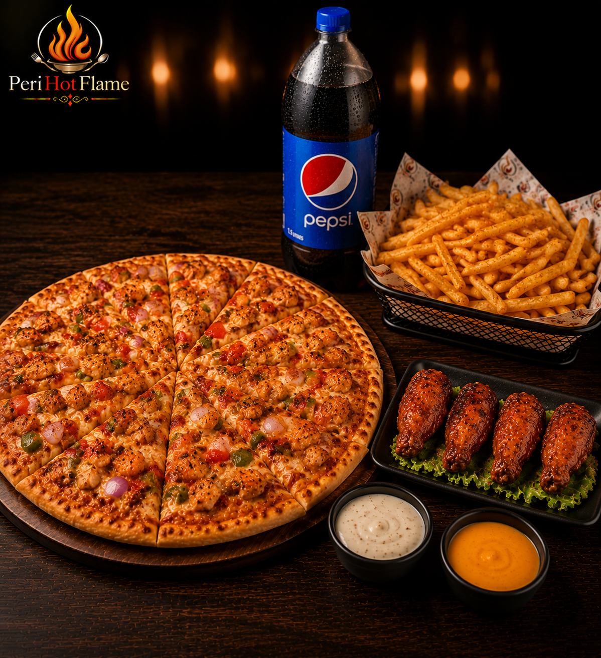 Any 12" Pizza Meal Deal – Full Peri Peri Chicken, 4 Peri Wings, Large Fries & 1.5L Pepsi