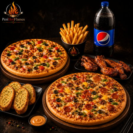 Any 2 × 12" Pizzas, 4 Peri Wings, 4 Pcs Garlic Bread, Fries & 1.5L Pepsi